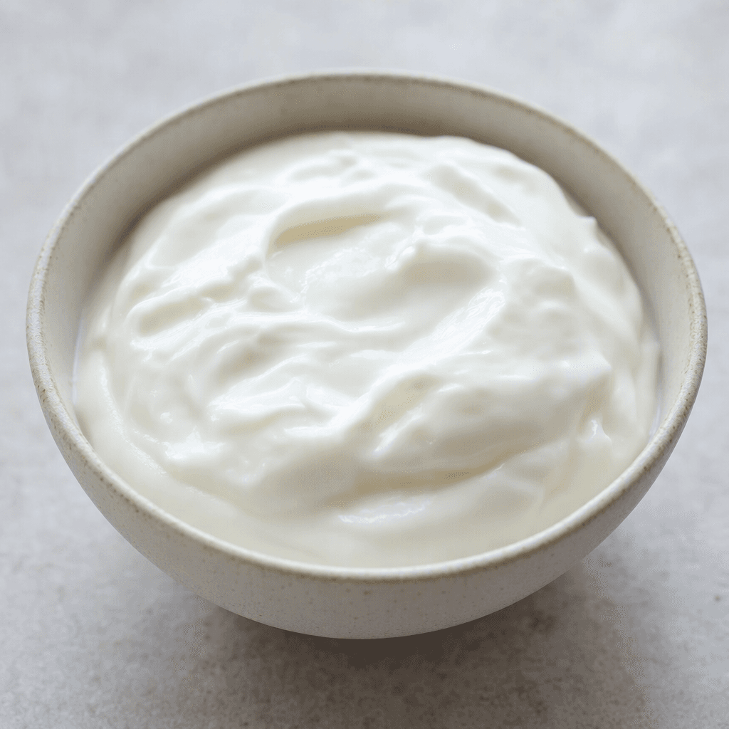 Smooth, glossy white yogurt sits in a small bowl, with a thick, creamy texture and a gently uneven surface.