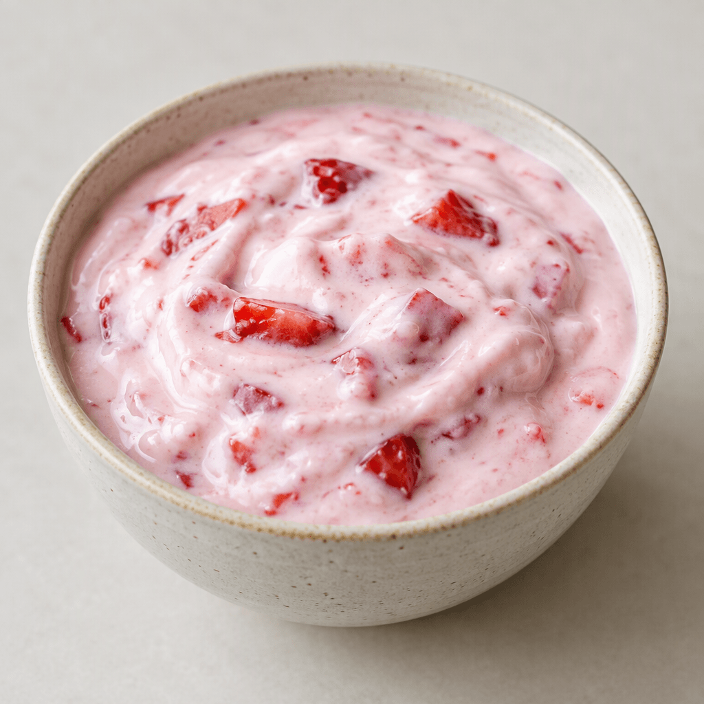 Thick, creamy pale-pink yogurt with small pieces of red fruit, served in a bowl.
