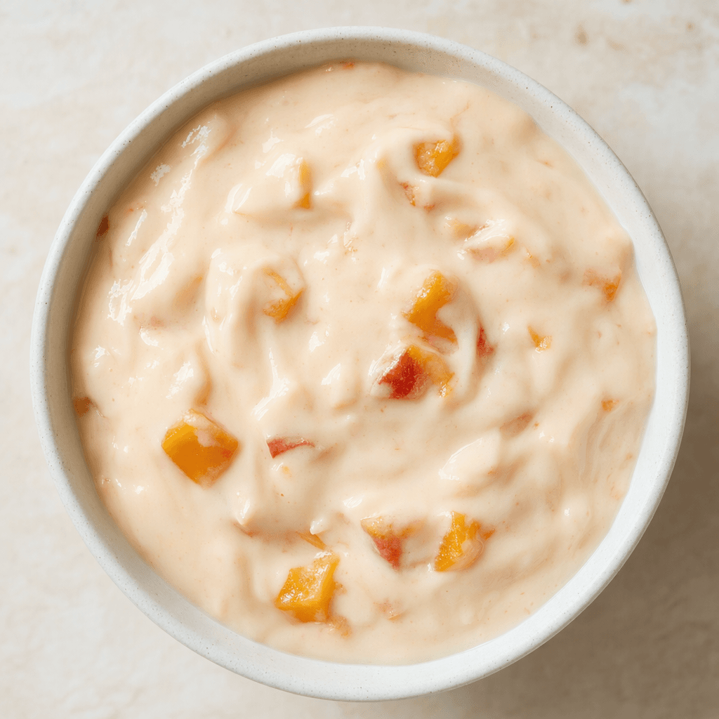 A thick, smooth, pale peach-colored yogurt with small orange-yellow pieces of peach and apricot visible throughout.