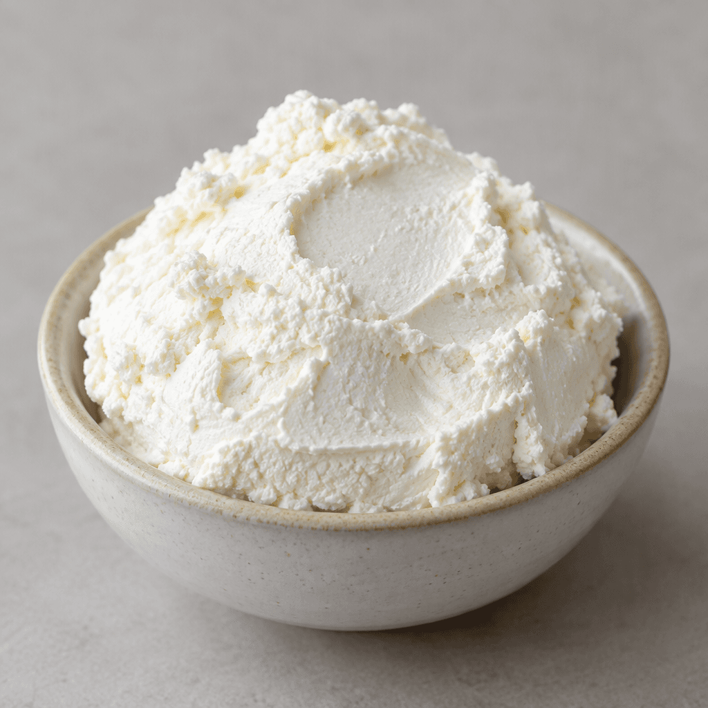 A mound of soft, bright-white strained cheese with a dense, creamy texture and a faintly uneven surface sits in a small dish.
