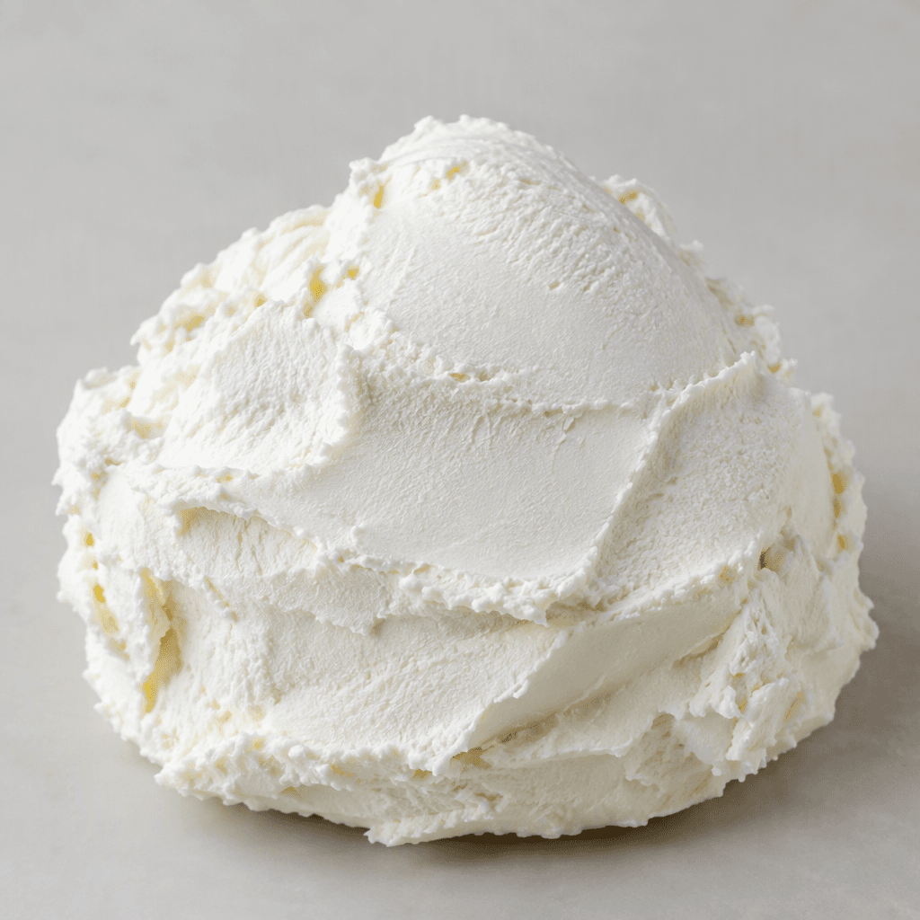A mound of bright white strained cheese with a smooth, dense, softly creamy texture and gently uneven edges.