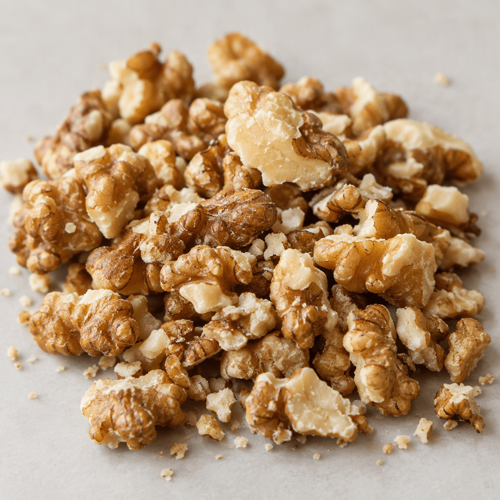 Irregularly crushed walnut pieces in mixed beige, tan, and light brown shades, with rough, craggy surfaces and small crumb-like fragments.