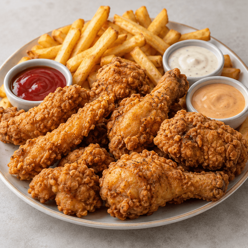A sharing platter of golden, craggy-coated chicken pieces in assorted shapes, with straight-cut fries and small cups of dipping sauce arranged alongside.