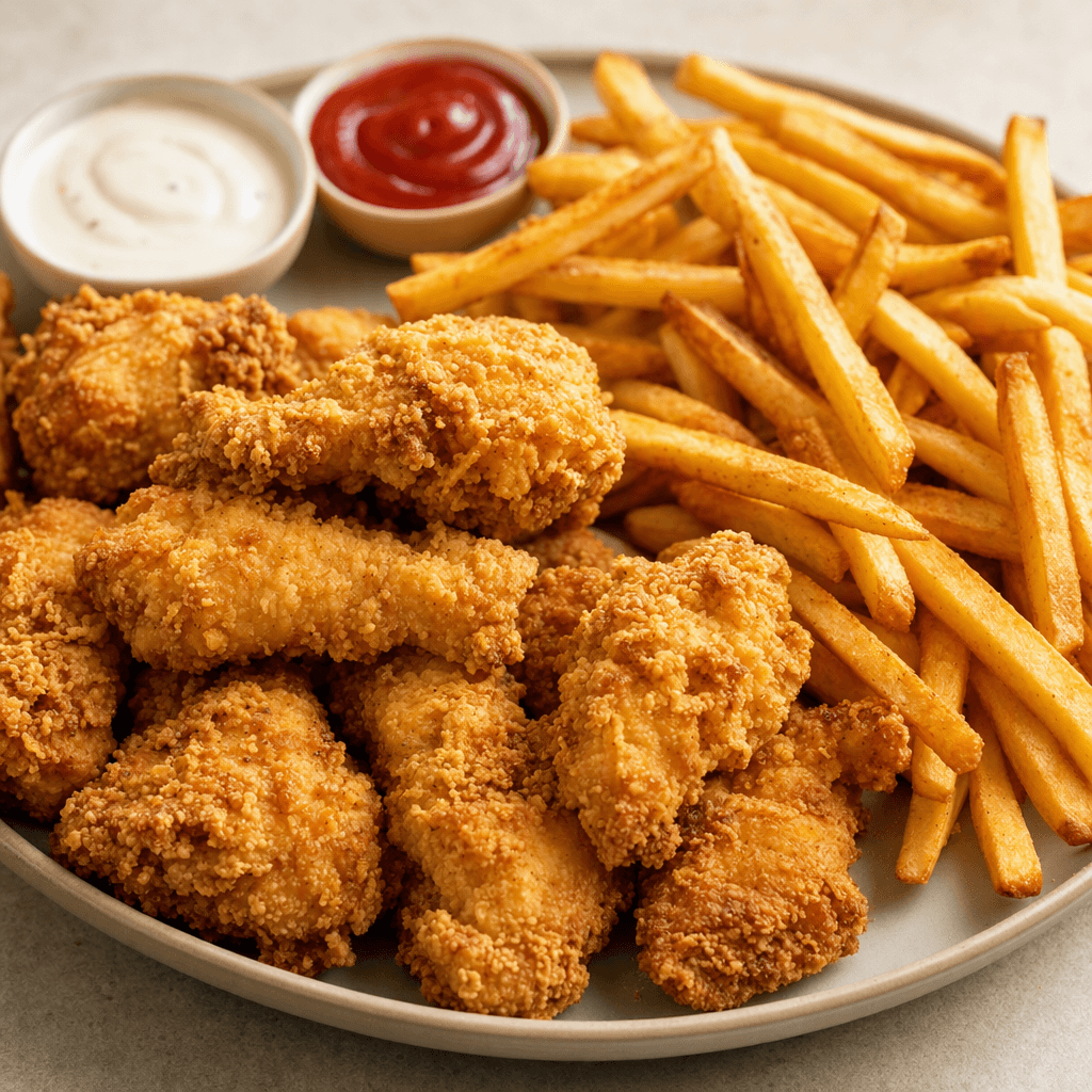 A sharing tray holds golden, craggy-coated chicken pieces alongside crisp-edged fries and small portions of dipping sauce.