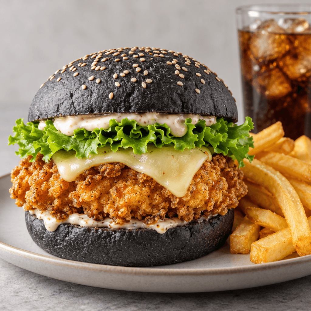 A dark charcoal-colored burger bun encloses a thick crispy chicken fillet with pale cheese, green lettuce and sauce, served with golden fries and a cold drink.