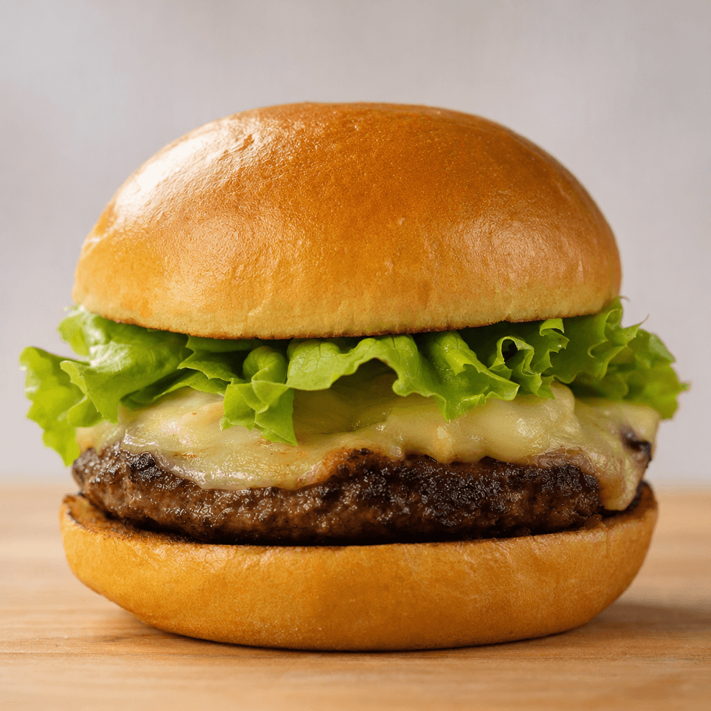 A round, lightly browned bun sits over a thick, dark-brown patty, with pale melted cheese and crisp green lettuce visible between the halves.