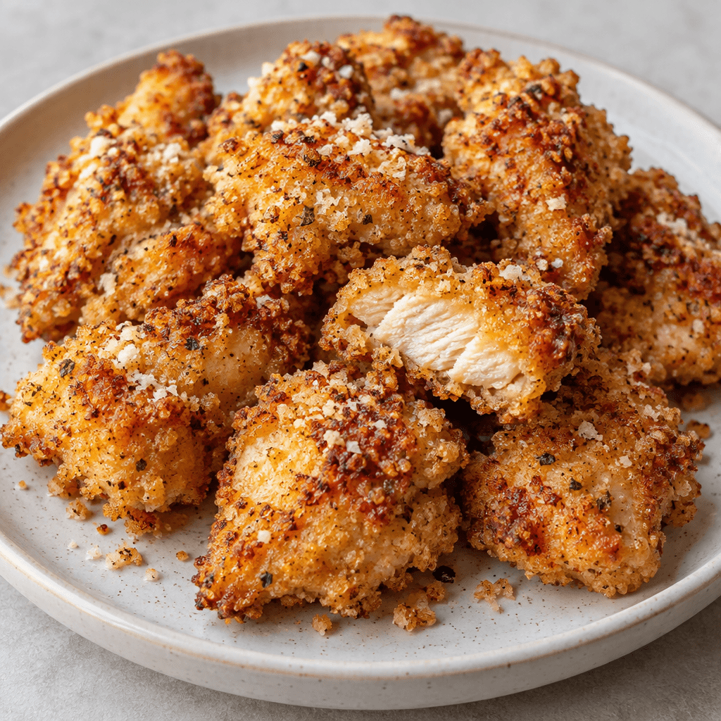 Irregular bite-sized chicken pieces are coated in a golden, crisp-looking crumb with reddish paprika specks and fine pale cheese flecks, and arranged on a plate.