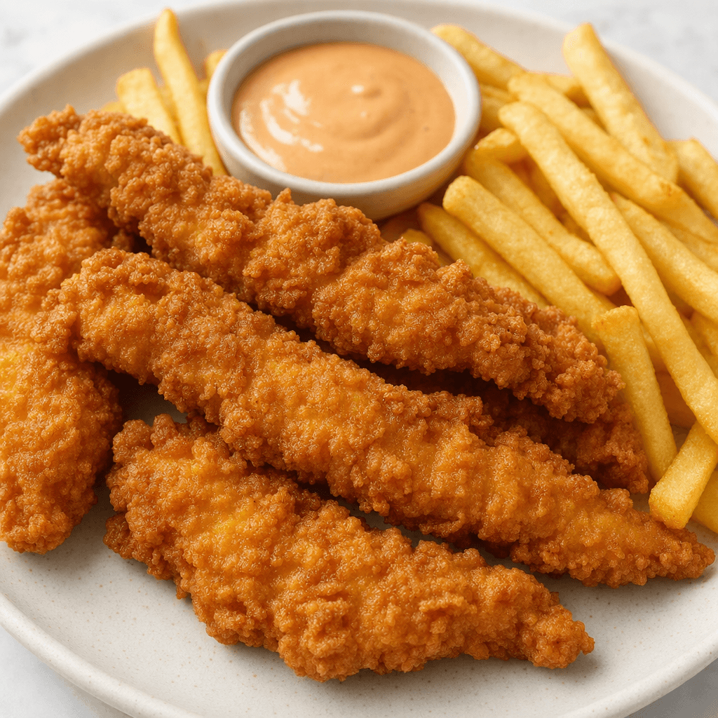 Several long, irregular chicken strips with a craggy golden-brown coating are arranged beside pale-golden fries and a small cup of dipping sauce.
