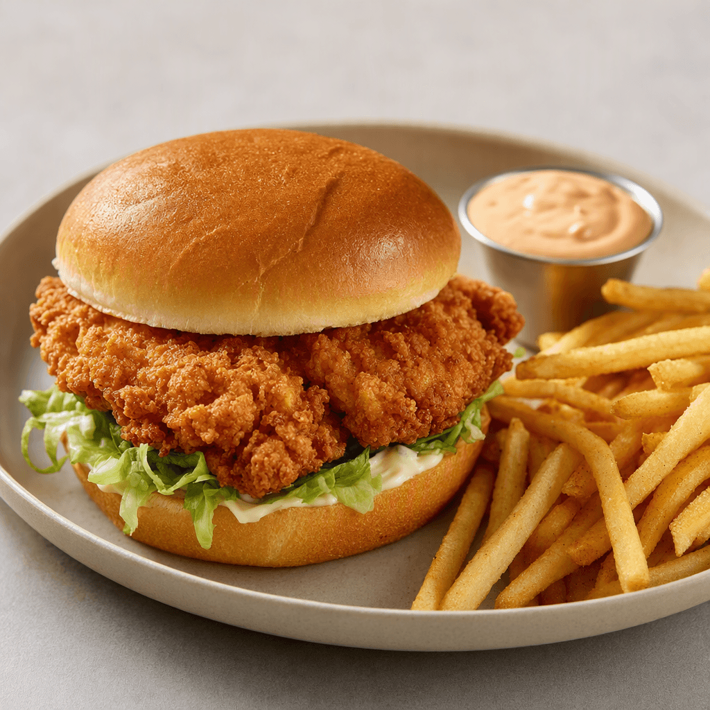 A golden-brown, craggy-coated chicken fillet sits in a soft bun beside a pile of thin golden fries and a small cup of dipping sauce, served together on a tray.