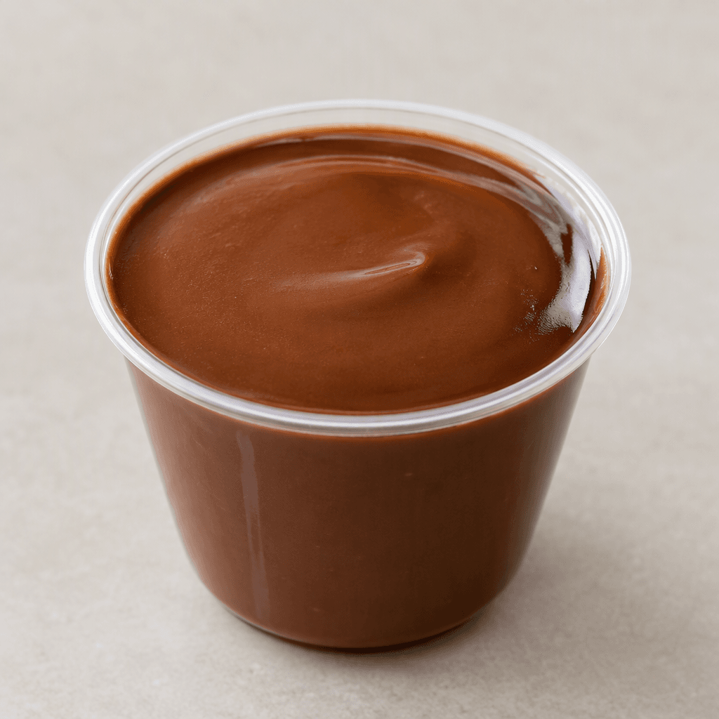 Smooth, glossy chocolate-brown pudding fills a small individual cup, with a softly rounded surface.