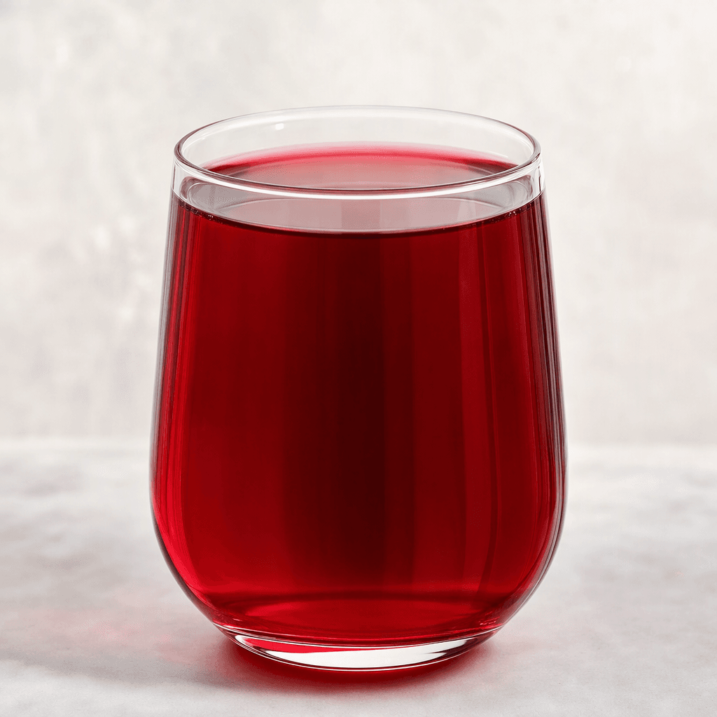 A clear, deep ruby-red berry hibiscus tea sits in a transparent glass, with no visible garnish.
