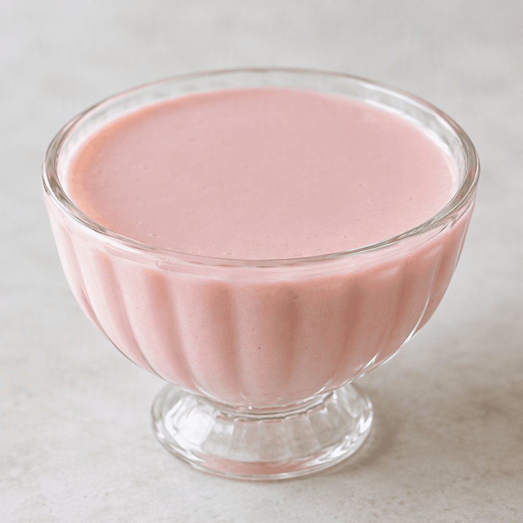 Pale pink, smooth, softly set pudding sits in a small dessert bowl, with a level, slightly glossy surface.