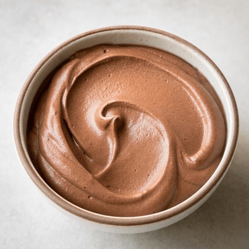 A smooth, airy chocolate pudding with a light, whipped texture, served in a small bowl with softly curved peaks on its surface.