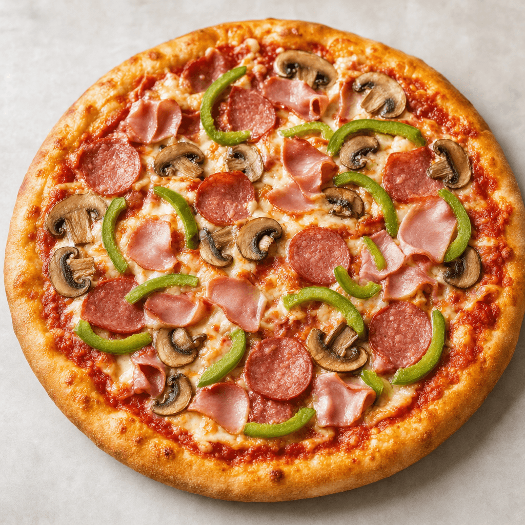 A round pizza with a golden, slightly raised crust, topped with red tomato sauce, melted pale-yellow cheese, pieces of pink ham, reddish salami, sliced mushrooms and green pepper.