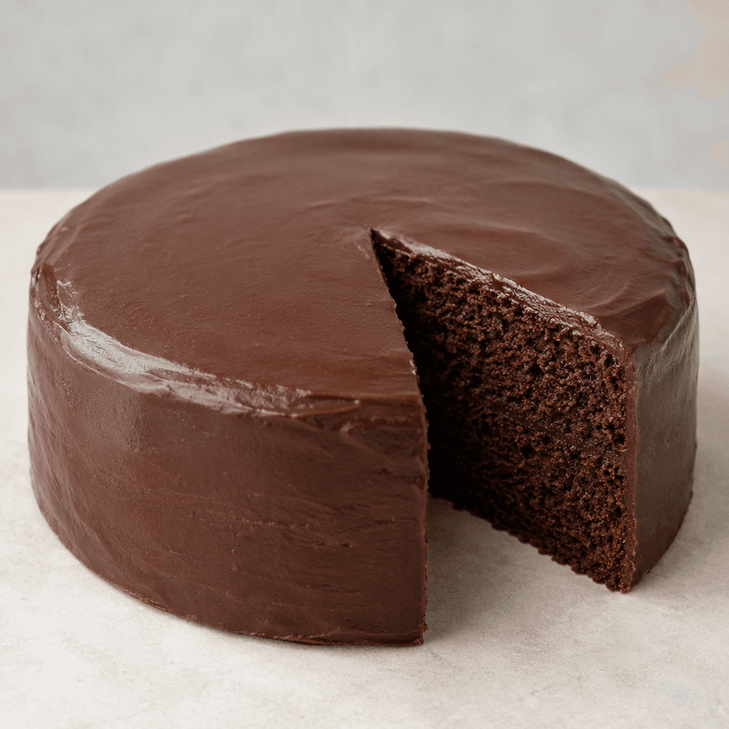 A round, dark-brown chocolate cake with a smooth chocolate coating, shown with a slice cut out to reveal its fine, moist-looking crumb.