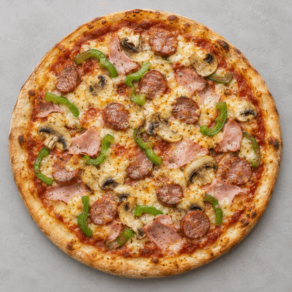 A round, thin-crust pizza with a golden, lightly browned rim, topped with red tomato sauce, melted pale-yellow cheese, and scattered pieces of sliced sausage, ham, mushrooms, and green pepper.