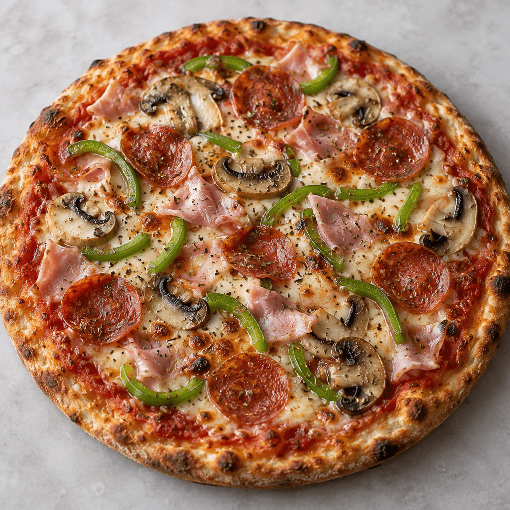 A round, thin-crust pizza with a lightly browned edge, topped with red tomato sauce, melted pale-yellow cheese, and a mix of sliced cured meat, ham, mushrooms, and green pepper.