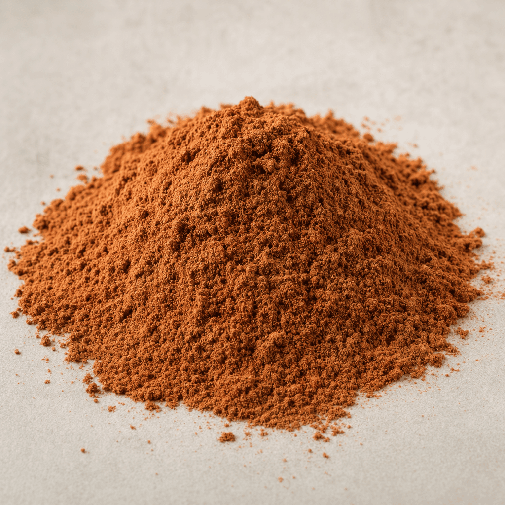 A loose mound of fine, matte, reddish-brown powder with an even, dry texture.