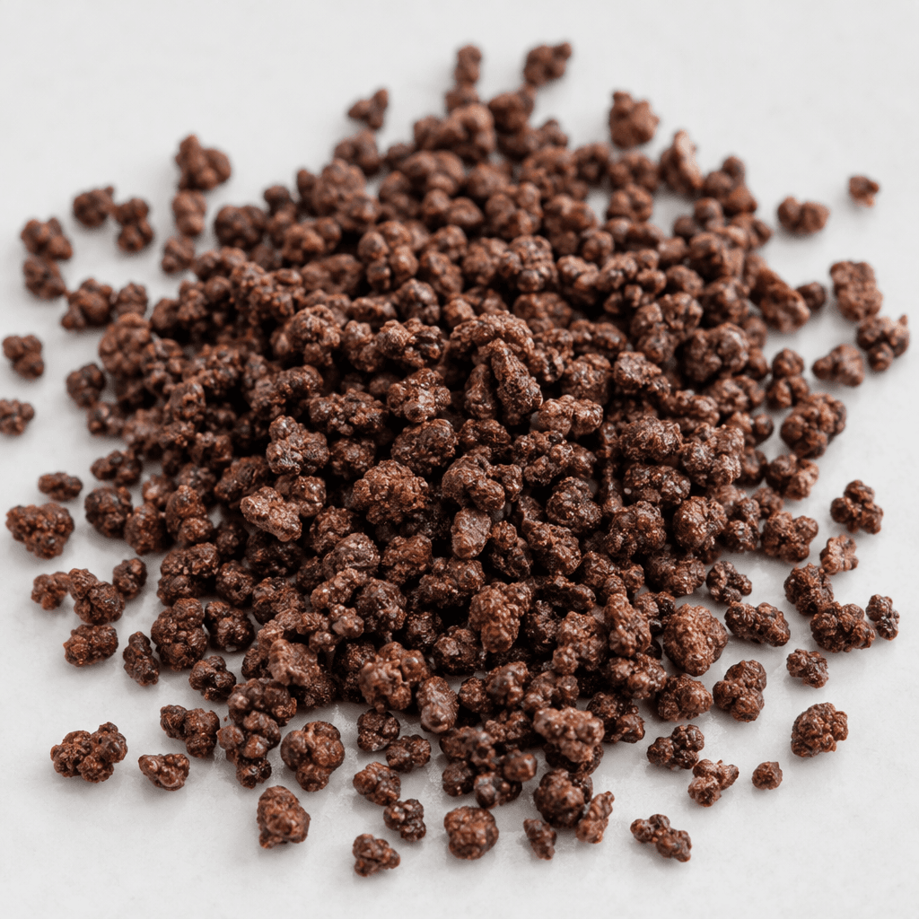 Small, irregular dark-brown cocoa-coated crunchy pieces, scattered loosely in a thin layer.