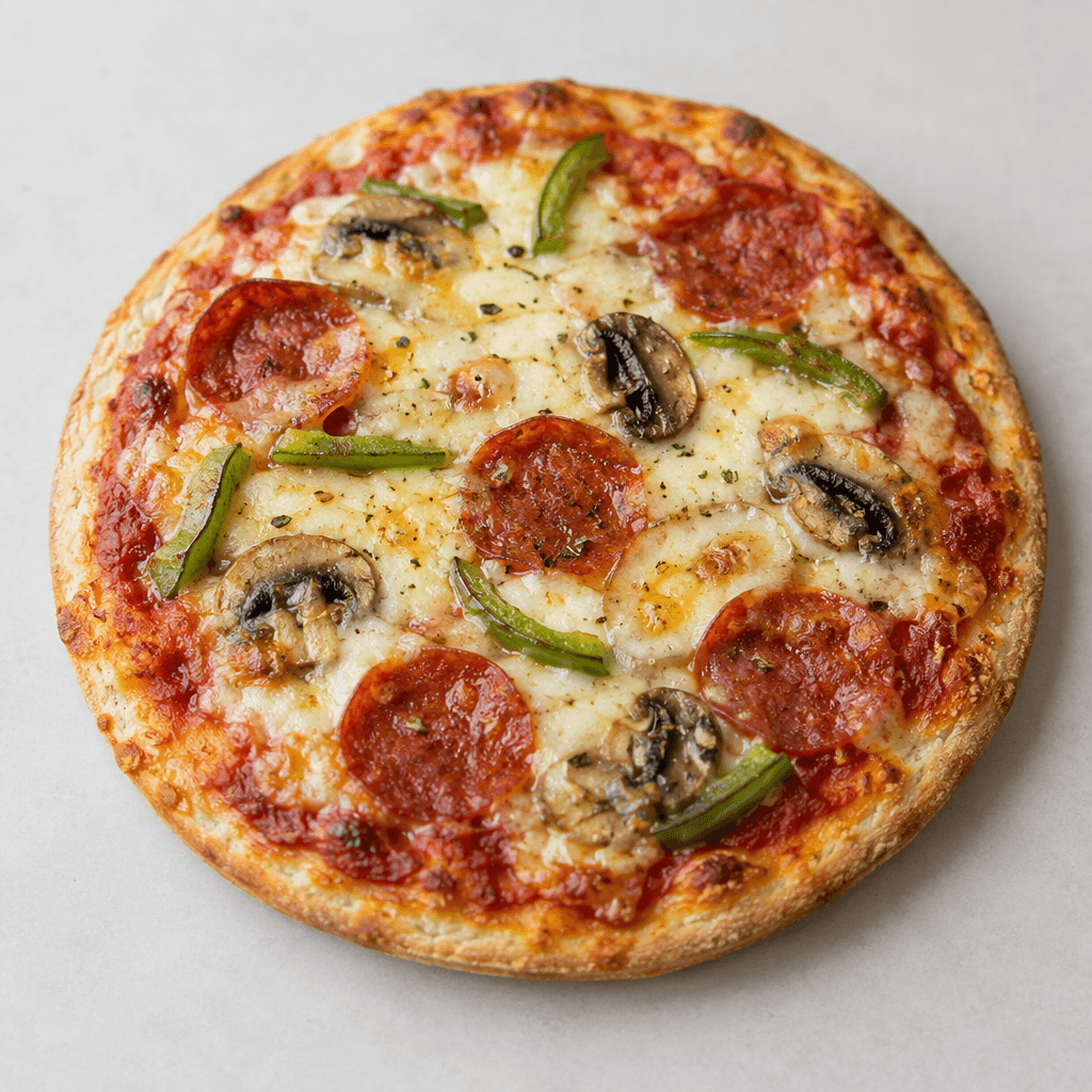 A small, round pizza with a thin golden-brown crust, red tomato sauce, melted pale-yellow cheese, and a few scattered topping pieces.