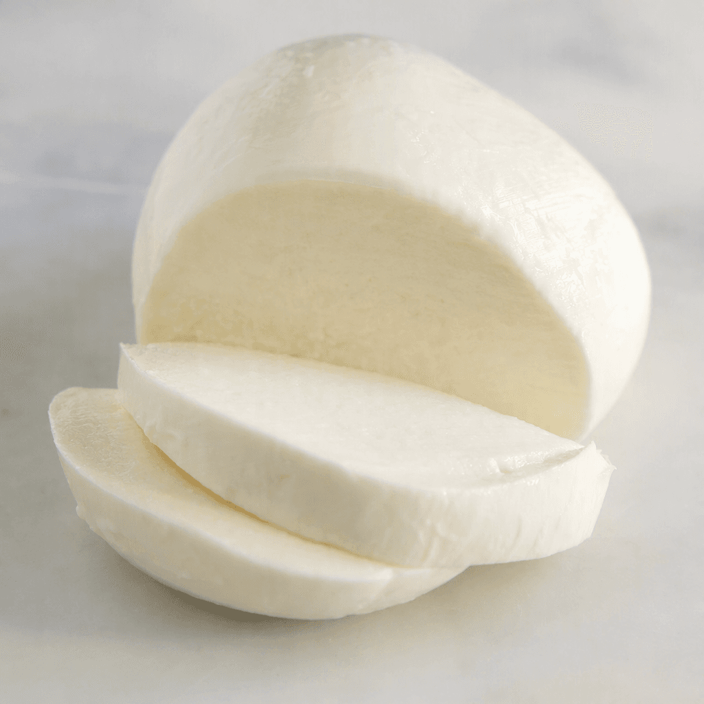 A smooth, moist, bright-white mozzarella ball with a soft, slightly glossy surface, shown whole or cut into thick slices.