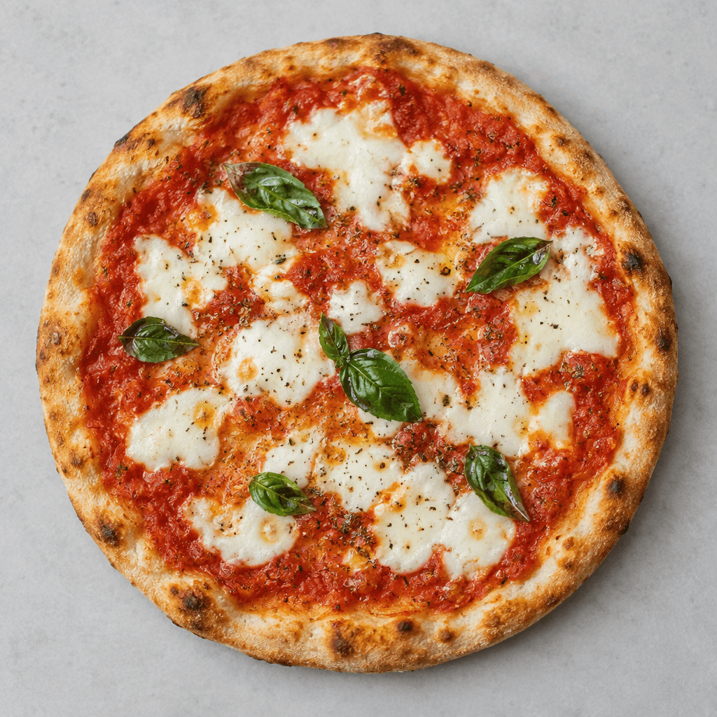 A round, thin-crust pizza with a golden, lightly browned edge, topped with red tomato sauce, scattered white mozzarella pieces, and a few green herb leaves.