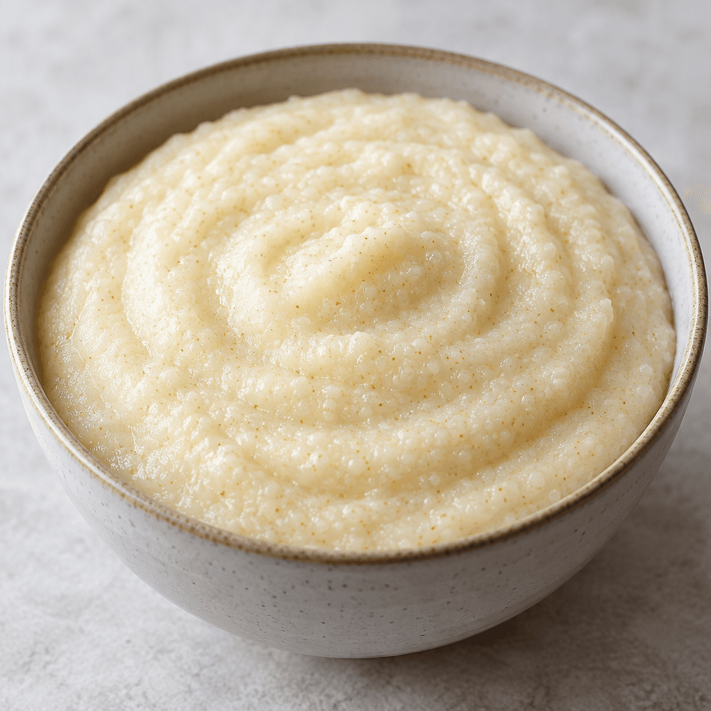A thick, smooth, pale cream-colored semolina pudding with tiny grains visible throughout, served in a simple bowl.