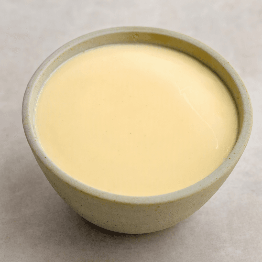 A smooth, glossy, pale cream-colored pudding sits in a small bowl, its surface softly set and free of toppings.