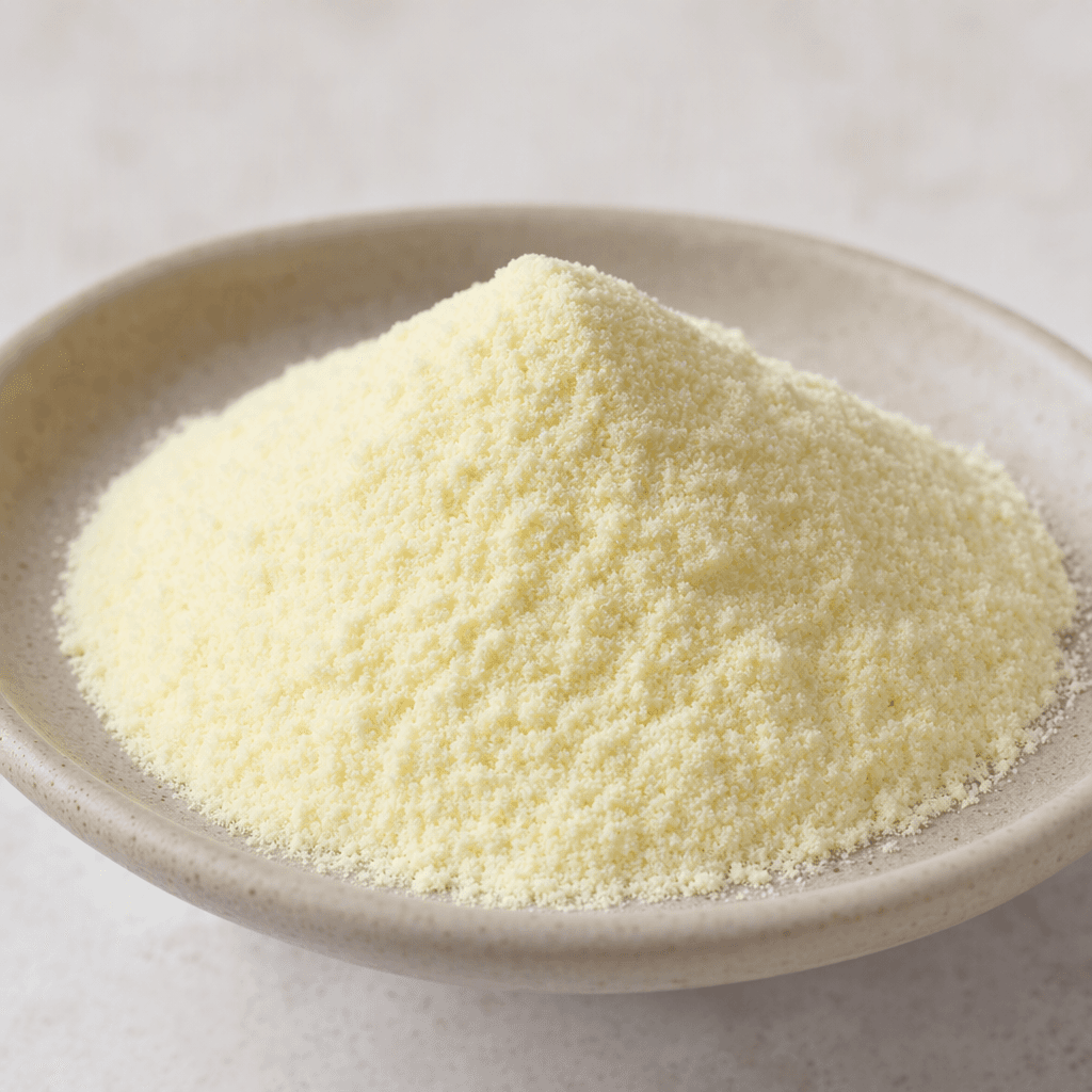 A small mound of fine, pale cream-yellow pudding powder sits on a dish, with a smooth, dry, slightly granular texture.