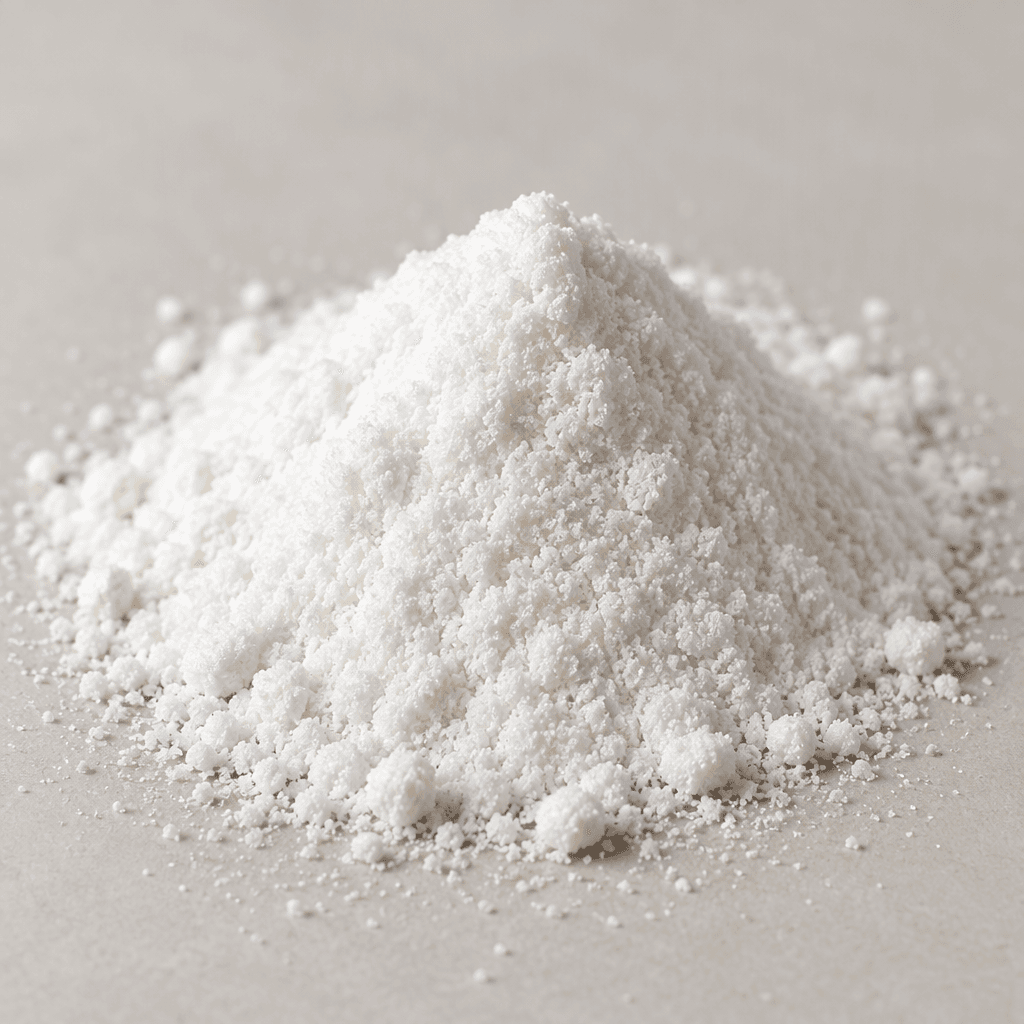 A small mound of fine, white vanillin powder sits on a plain surface, with a soft, slightly granular texture.