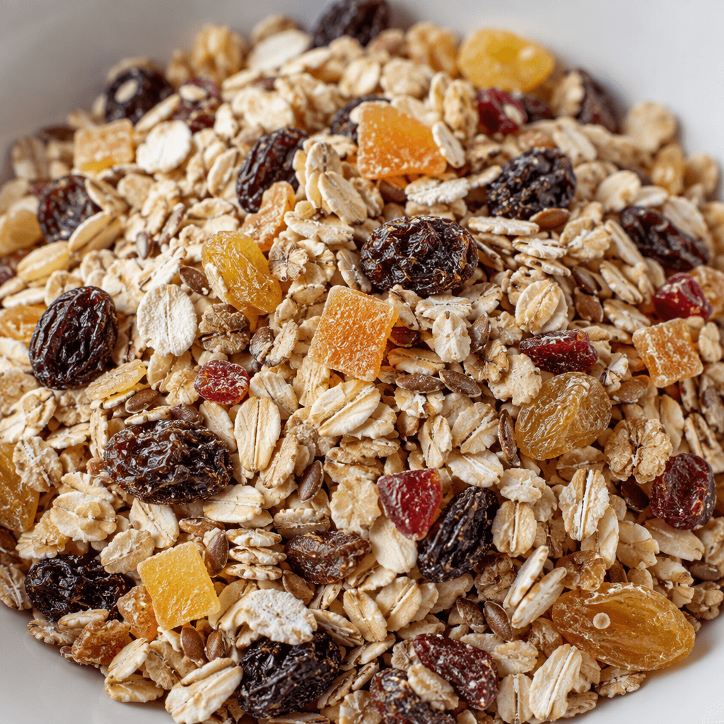 A loose mix of pale beige oat and grain flakes with scattered dark raisins and small golden, amber and reddish dried-fruit pieces, showing a dry, uneven texture.
