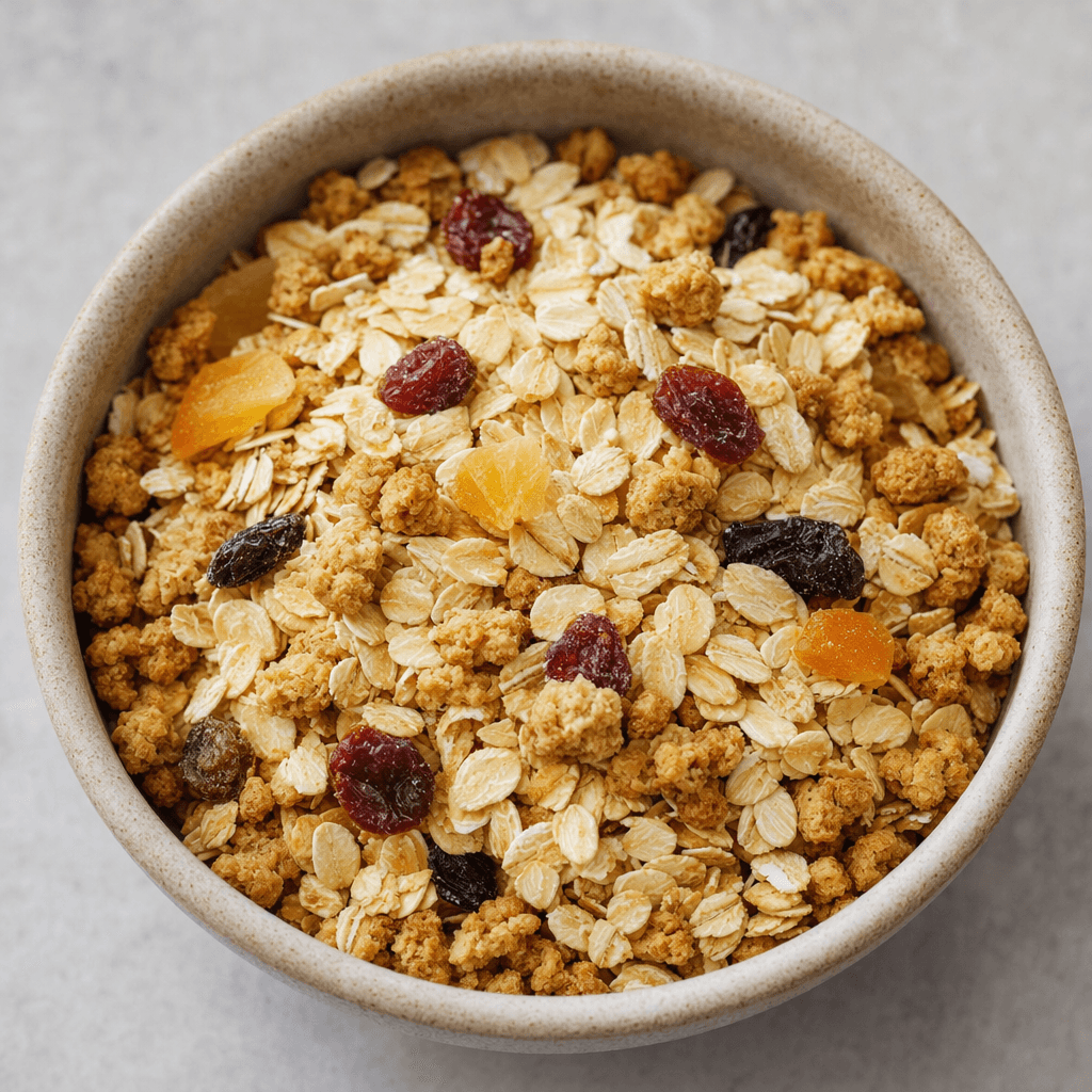 A bowl of muesli with pale oat flakes, golden-brown crunchy grain clusters, and scattered pieces of dried fruit.