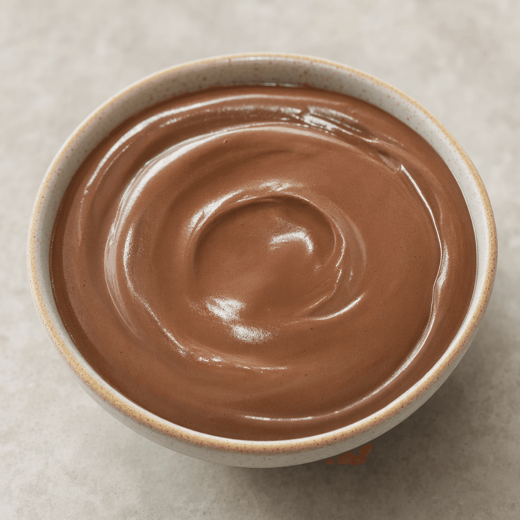 A thick, smooth chocolate-brown rice cream is served in a small bowl, with a glossy surface and no visible toppings.