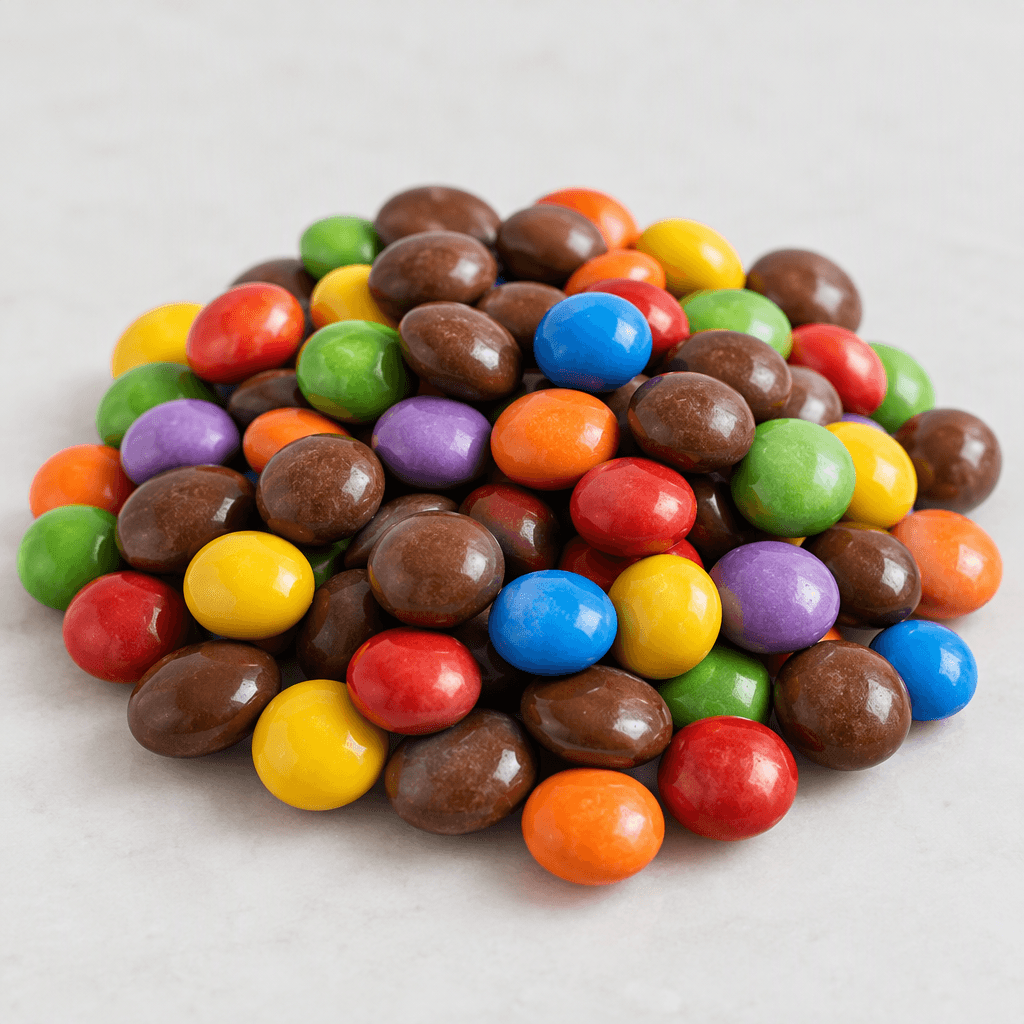 Small, rounded chocolate dragées with smooth, glossy shells in rich brown and assorted bright colours, piled loosely on a plain serving surface.