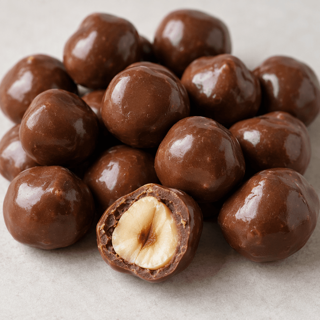 Small, rounded hazelnuts are fully covered in smooth, glossy brown chocolate and arranged in a loose cluster.