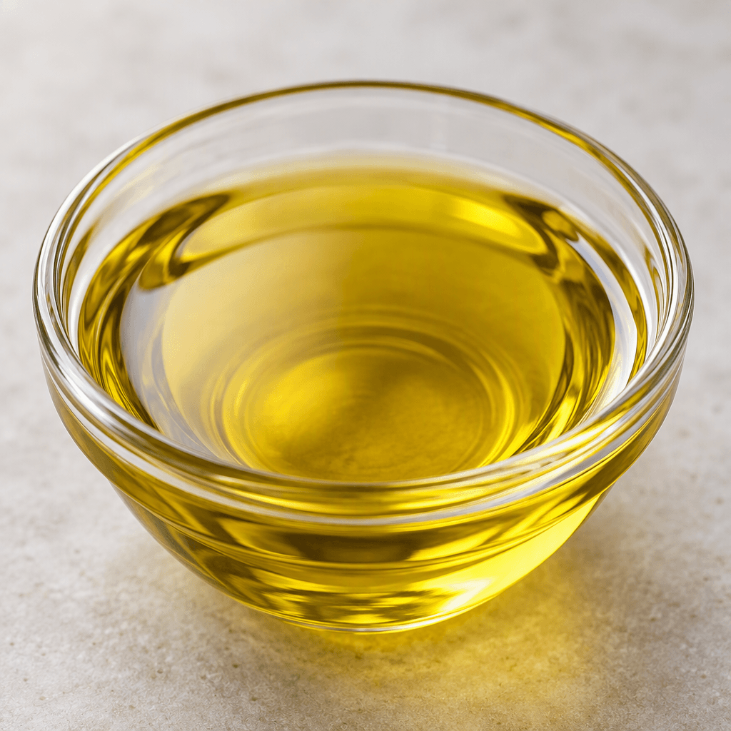 A clear, glossy golden-yellow oil pools in a small glass dish, with a smooth, fluid surface.