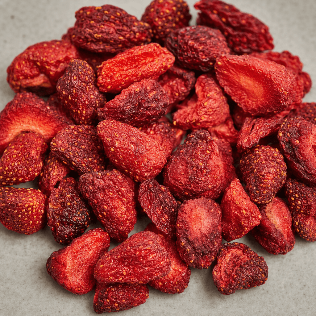 Dried strawberries are small, irregularly shaped red fruit pieces with darker edges, a wrinkled leathery surface, and tiny pale seeds visible across the exterior.