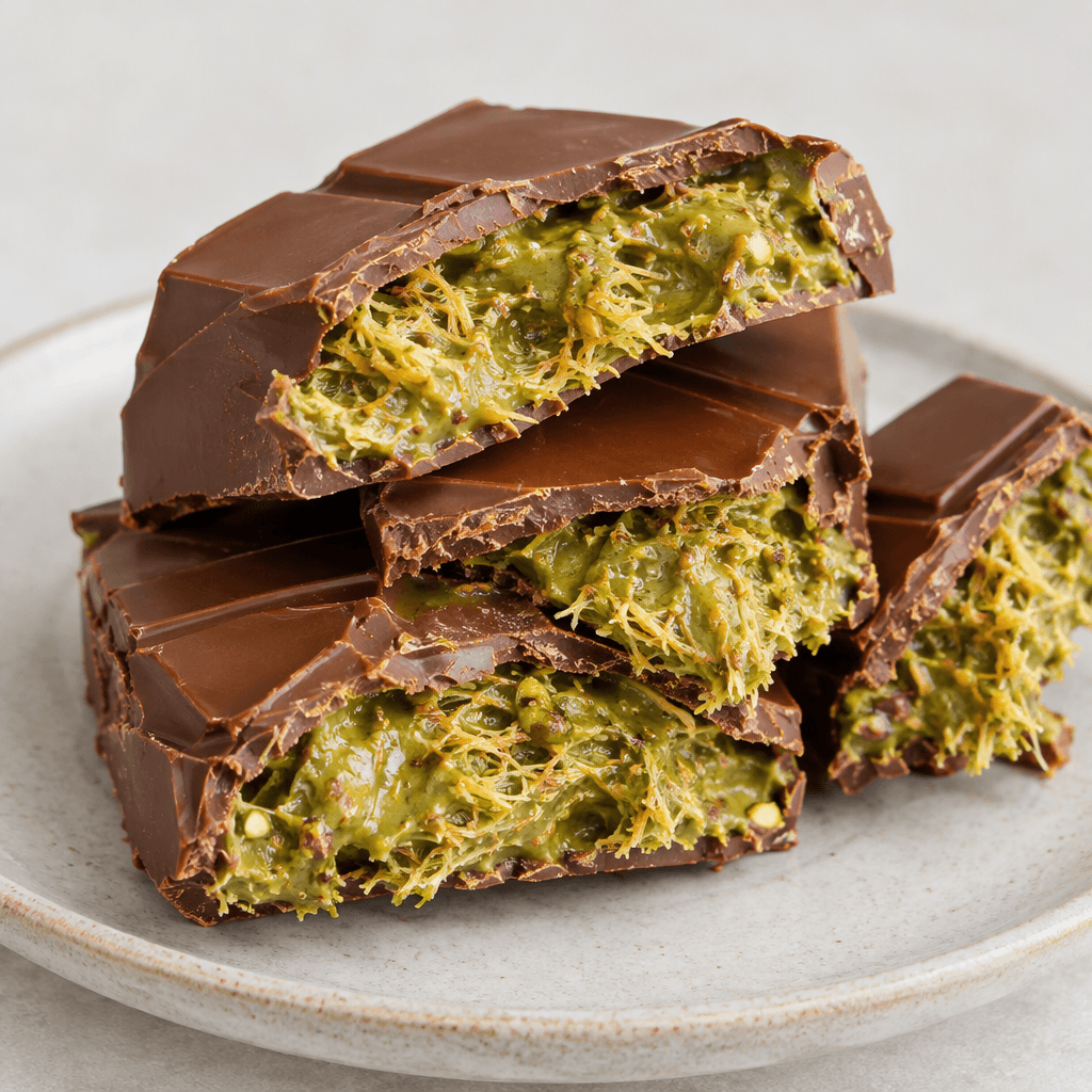 A thick, irregularly broken chocolate bar with a glossy brown shell and a visible filling of bright green pistachio cream threaded with fine golden strands of shredded pastry, arranged in chunky pieces on a plate.