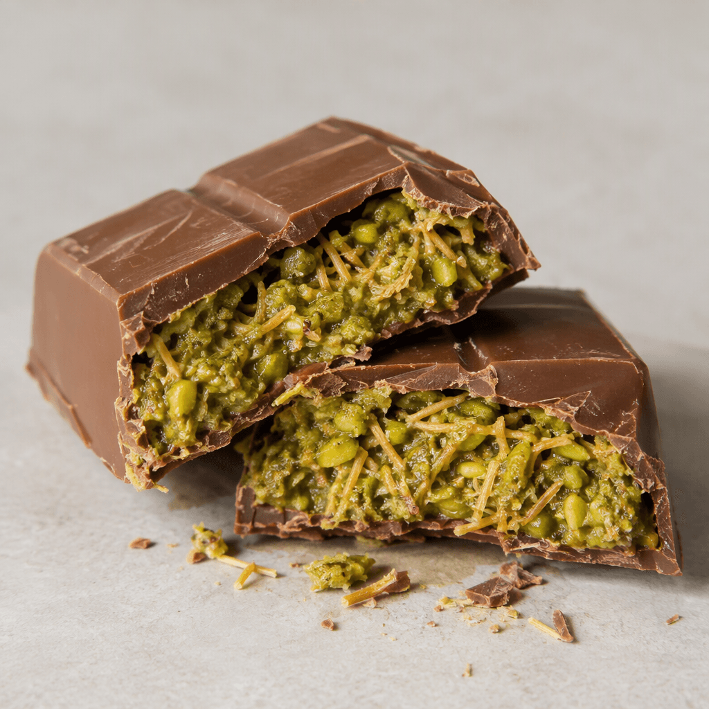 A thick, rectangular milk-chocolate bar is broken open to show a dense, bright-green pistachio filling threaded with fine golden strands of crisp pastry, with a few crumbs scattered beside it.