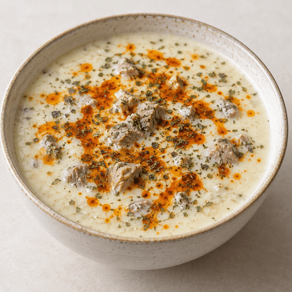 A bowl of pale ivory, lightly creamy soup with small tender pieces of lamb, topped with a glossy red paprika-butter drizzle and scattered dried mint.
