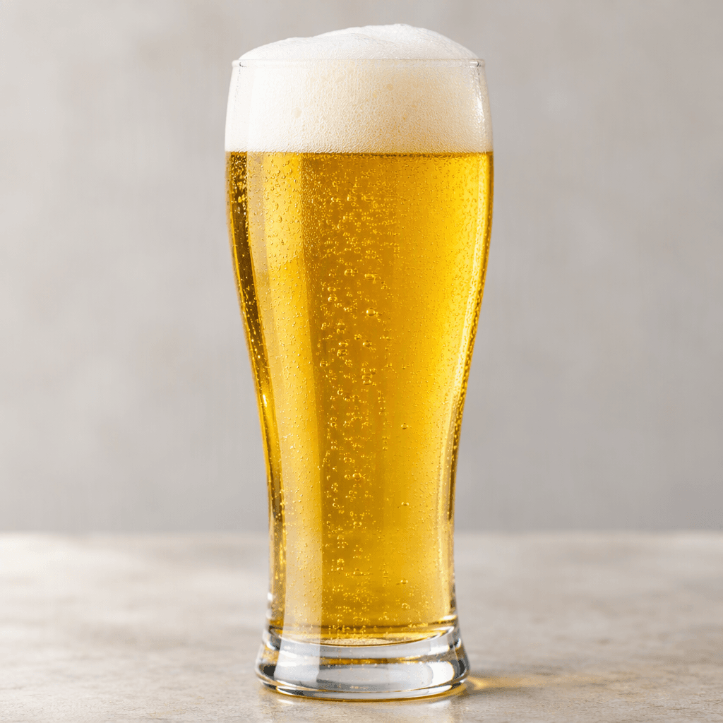 A clear pale-golden beer with fine bubbles and a thick white foamy head, served in a tall transparent glass.