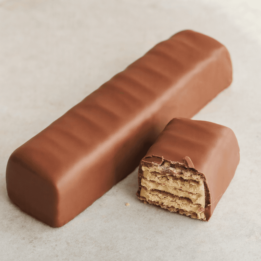 A slim, elongated milk-chocolate-brown bar with a smooth coating and gently ridged top, shown whole beside a broken piece that reveals thin crisp wafer layers and pale hazelnut-colored filling.