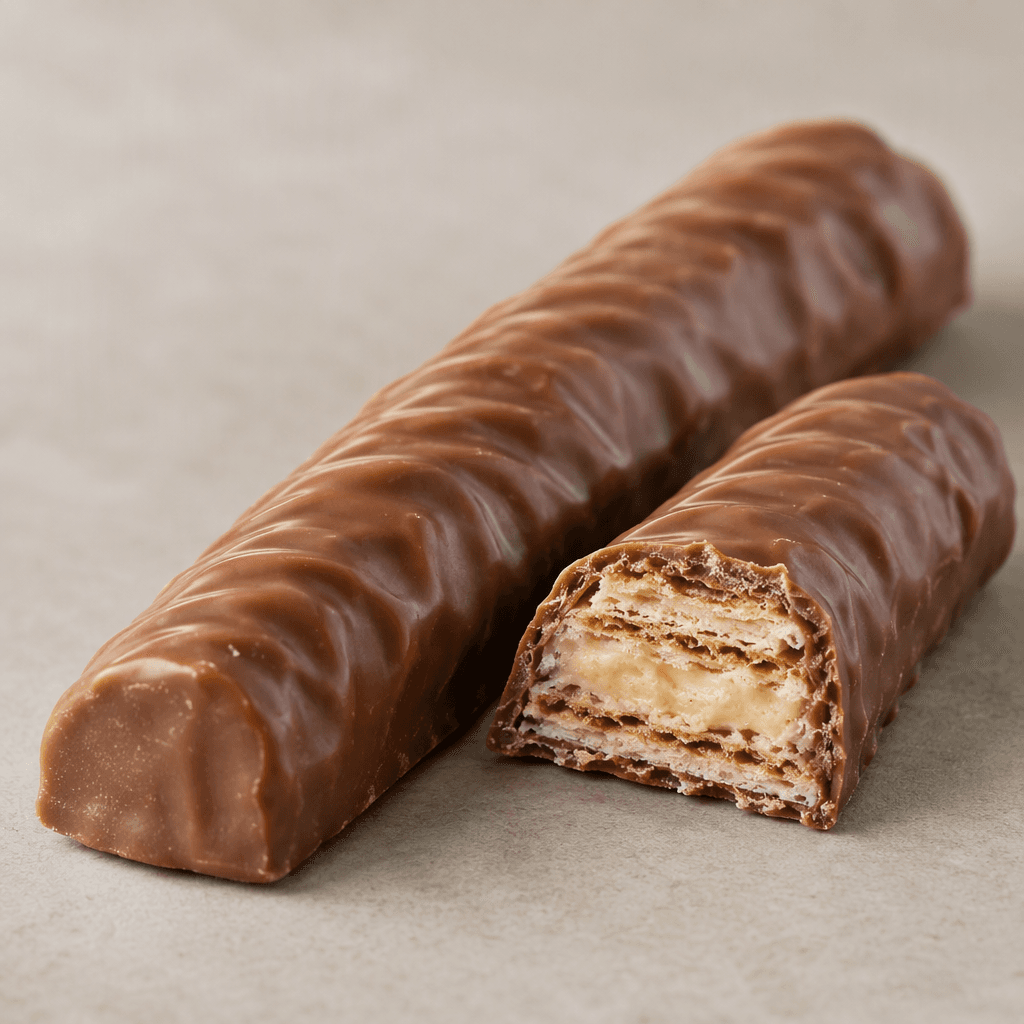 A slim, finger-shaped bar with a smooth milk-chocolate coating, shown beside a cut piece revealing thin crisp wafer layers and pale hazelnut cream inside.