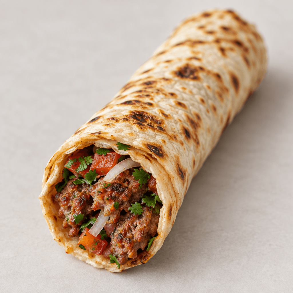 A long, tightly rolled flatbread wrap with a lightly browned, blistered surface, its open end showing reddish grilled minced meat with small pieces of tomato, onion, and green herbs.