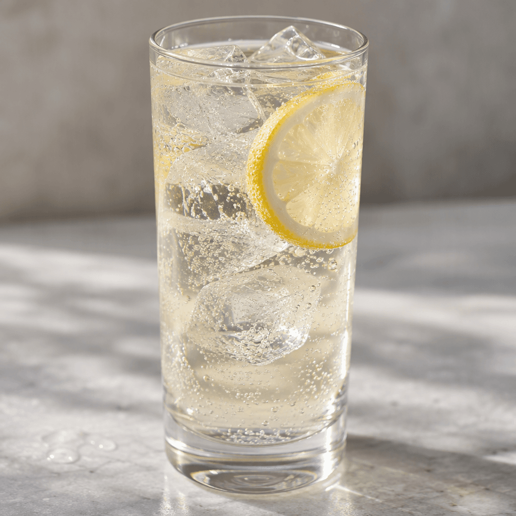 Buz küpleri ve ince bir limon dilimi bulunan uzun, şeffaf bardaktaki açık renkli içeceğin yüzeyinde minik kabarcıklar görülüyor.