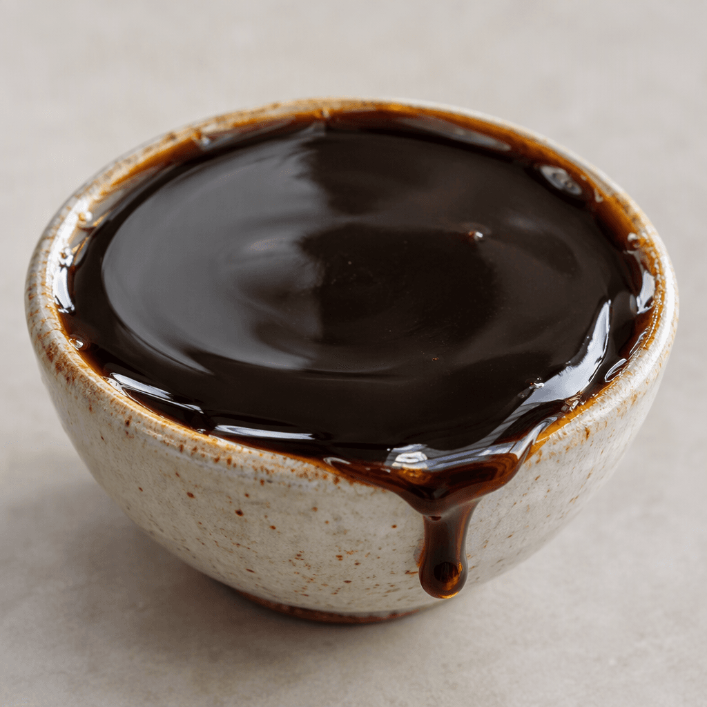A thick, glossy, nearly black-brown syrup sits in a small bowl, with smooth surface and slow, heavy drips along the edge.