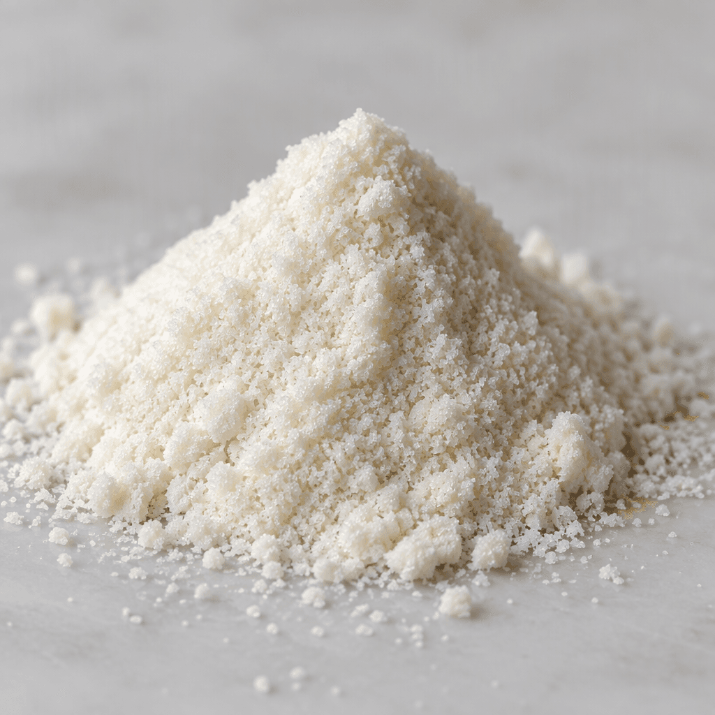 A small mound of fine, off-white amino-acid powder with a slightly crystalline, granular texture rests on a clean surface.