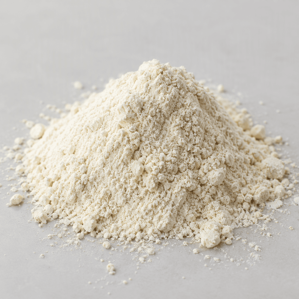 A small mound of fine, pale off-white powder with a few loose grains scattered around it.