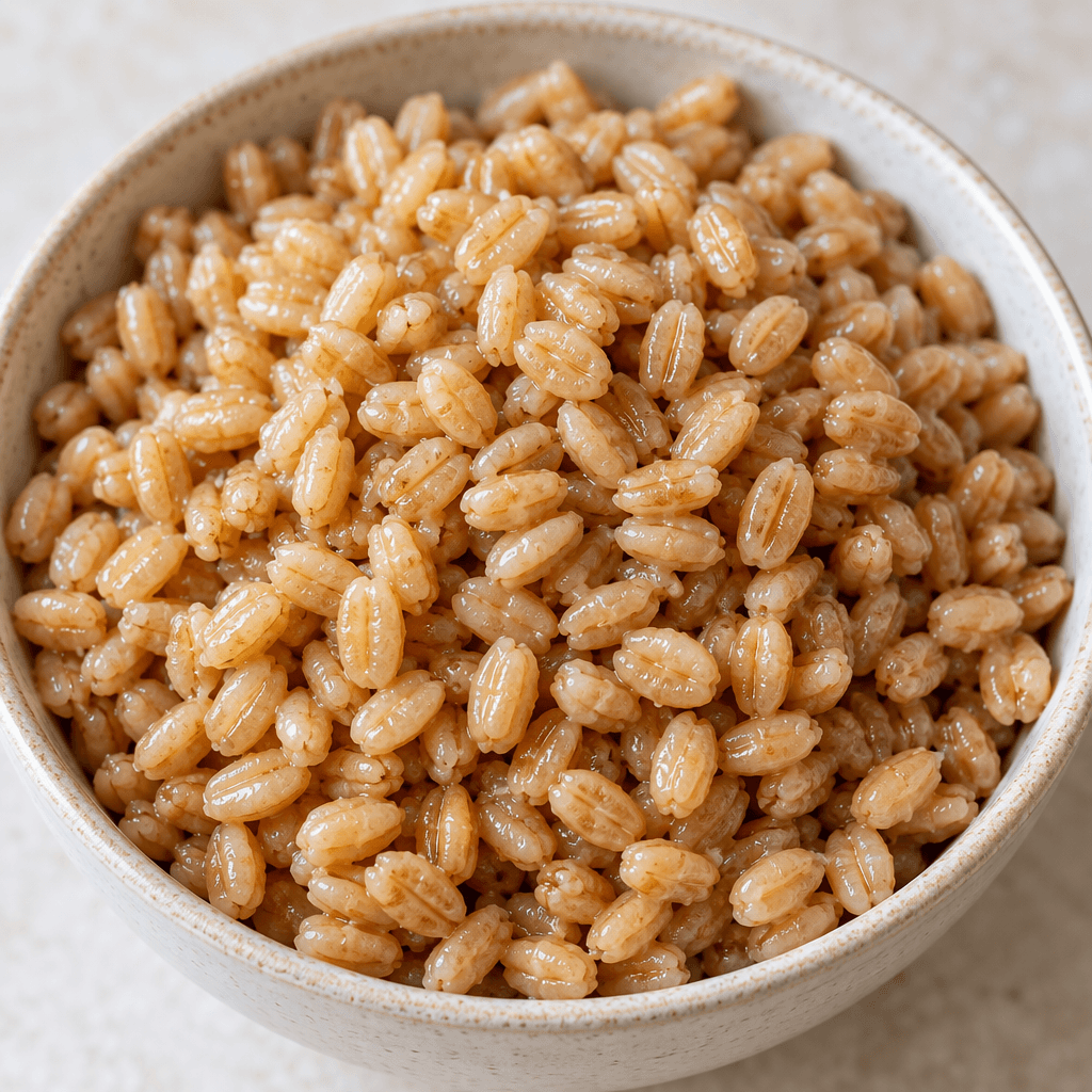 Plump, whole cooked wheat grains in pale golden beige, with a slight sheen and distinct oval kernels loosely piled together.