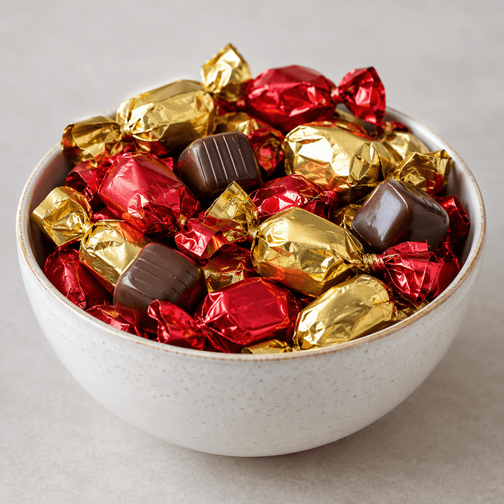 Small individually wrapped chocolates in shiny red and gold foil, gathered in a serving bowl with a few dark-brown chocolate pieces visible among them.